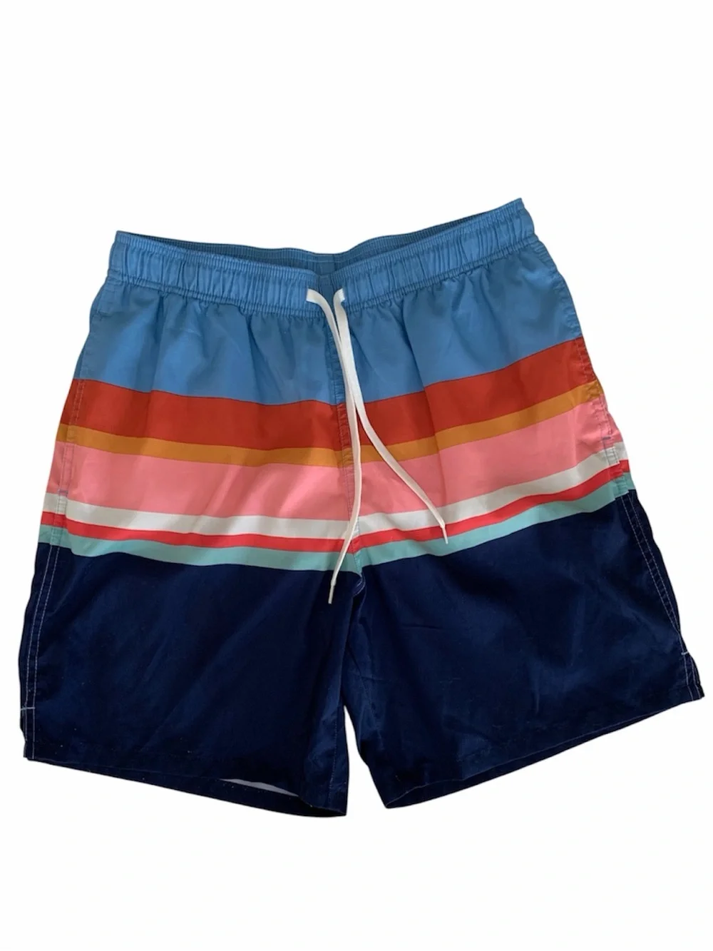 Goodfellow & Co Swim Shorts Men Size M Blue White Pink Stripes Pocket Drawstring